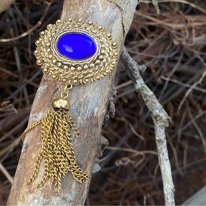 Vintage Navy Blue Stone Gold Tone With Tassel 2” W x 8” L